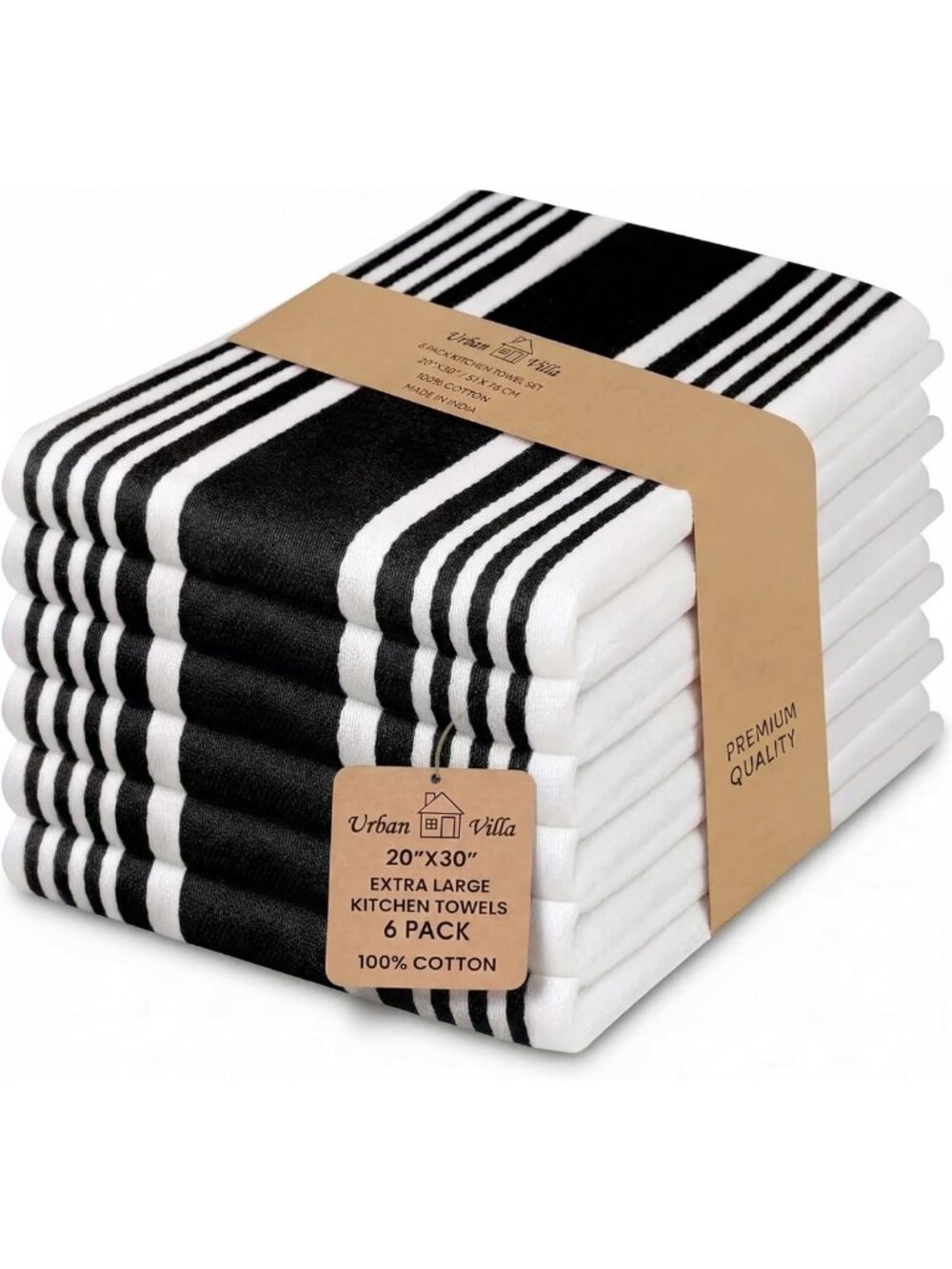 Set of 6 Cotton Kitchen Towels 20”x30” - Stylish Black Dish Towels for Home Use